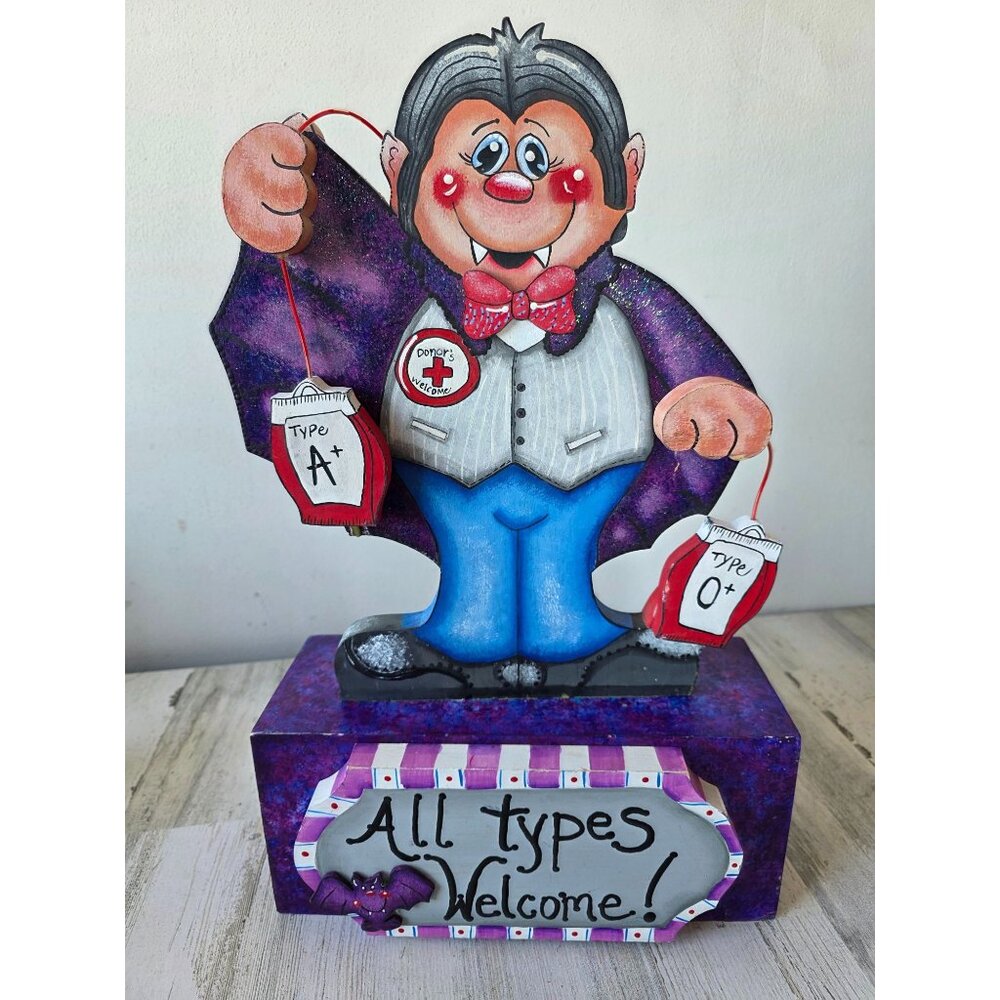 Wooden Dracula blood donation sign decor Halloween funny transfusion statue figu